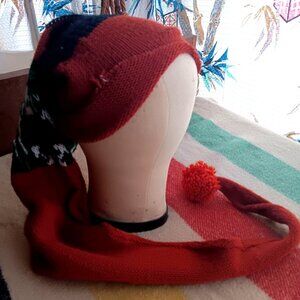 Vintage Christmas Knit Elf Hat With Pompom Eagle KNitted Design 1970's Hippy 42"